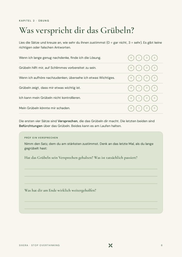 Beispielseite: Was verspricht dir das Grübeln? Der Selbsttest